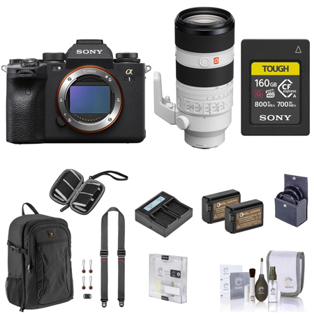 Sony Alpha 1 Mirrorless Camera with FE 70-200mm f/2.8 Lens, Bundle w/160GB CFexpress Card/Wallet, Backpack, 2x Battery, 72mm Filter Kit, Dual Charger, Strap, Screen Protector & Cleaning Kit