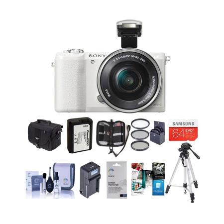 Sony Alpha A5100 Mirrorless Camera w/16-50mm E-Mnt Lens, White w/Accesory Bundle