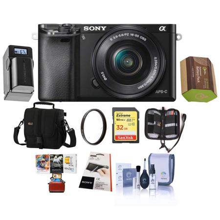 Sony Alpha A6000 Mirrorless w/ 16-50mm OSS Lens and Free Accessories, Black