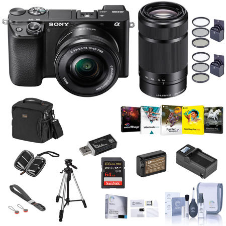 Sony Alpha a6100 Mirrorless Digital Camera with 16-50mm & 55-210mm Lenses - Bundle With Camera Case, 64GB SDHC Card, Spare Battery, Compact Charger, Tripod, LCD Protector Cover, Software, And More