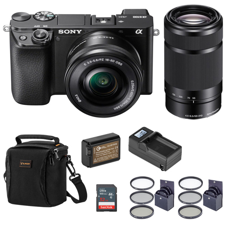 Sony Alpha a6100 Mirrorless Digital Camera with 16-50mm & 55-210mm Lenses - Bundle With Camera Case, 32GB SDHC Memory Card, Spare Battery, Compact Charger, 40.5mm Filter Kit, 49mm Filter Kit