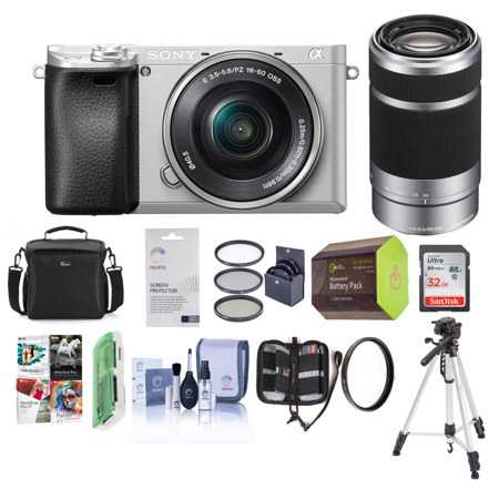 Sony Alpha a6300 Mirrorless Camera Silver With 16-50mm & 55-210mm Lenses /Acces.
