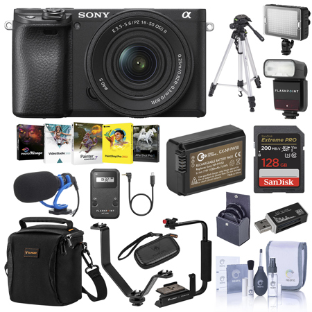 Sony Alpha a6400 24.2MP Mirrorless Digital Camera with 16-50mm f/3.5-5.6 OSS Lens - Bundle with 64GB SDXC U3 Card, Camera Case, Spare Battery, Tripod, Trigger, Video Light, Shotgun Mic, Software Package and More