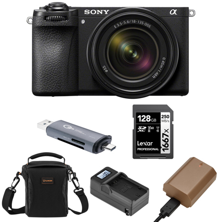 Sony Alpha a6700 Mirrorless Camera with E 18-135mm f/3.5-5.6 OSS Lens Bundle with Shoulder Bag, 128GB SD Card, Card Reader, Extra Battery, Charger