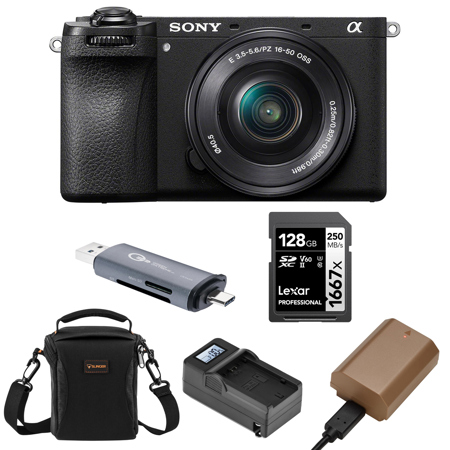 Sony Alpha a6700 Mirrorless Camera with E PZ 16-50mm f/3.5-5.6 OSS Lens Bundle with Shoulder Bag, 128GB SD Card, Card Reader, Extra Battery, Charger