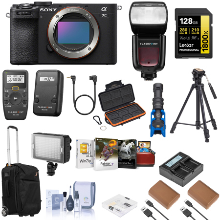 Sony Alpha a7C II Mirrorless Camera, Black, Bundle with 2x NP-FZ100 Battery, On-Camera Flash Speedlight, Roller Bag & Software Kit