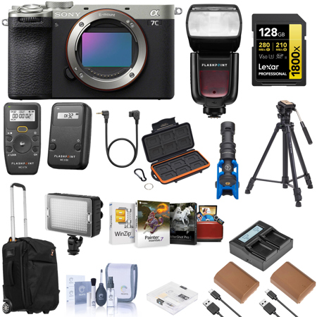 Sony Alpha a7C II Mirrorless Camera, Silver, Bundle with 2x NP-FZ100 Battery, On-Camera Flash Speedlight, Roller Bag & Software Kit