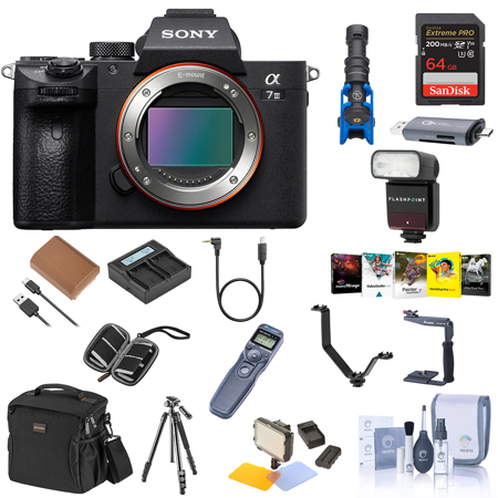 Alpha a7 III 24MP UHD 4K Mirrorless Camera - Bundle 64GB SDHC U3 Card, Shoulder Bag, Spare Battery, Tripod, Video Light, Flash, Remote Shutter Release, Software Package, And More