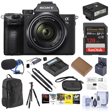 Sony Alpha a7 III Mirrorless Camera with FE 28-70mm f/3.5-5.6 OSS Lens, Black, Bundle with 128GB Memory Card, Backpack, Tripod/Monopod, Extra Battery, Charger Kit, Flash, Microphone, 55mm Filter Kit, PC & Mac Software Kit