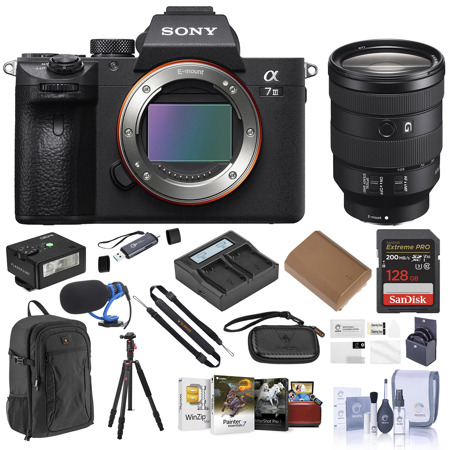 Sony Alpha a7 III Mirrorless Camera with FE 24-105mm f/4 G OSS Lens, Black, Bundle with 128GB Memory Card, Backpack, Tripod/Monopod, Extra Battery, Charger Kit, Flash, Microphone, 77mm Filter Kit, PC & Mac Software Kit