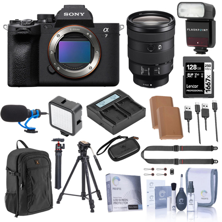 Sony Alpha a7 IV Mirrorless Camera with FE 24-105mm f/4 G OSS Lens, Bundle with 128GB Memory Card, Backpack, 2x NP-FZ100 Battery, 2x Charger Plate, Charger, Microphone, Photo Tripod, Video Tripod, TTL Flash, W49 Light