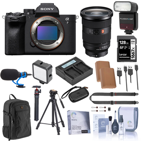 Sony Alpha a7 IV Mirrorless Camera with FE 24-70mm f/2.8 GM II Lens, Bundle with 128GB Memory Card, Backpack, 2x NP-FZ100 Battery, 2x Charger Plate, Charger, Microphone, Photo Tripod, Video Tripod, TTL Flash, W49 Light