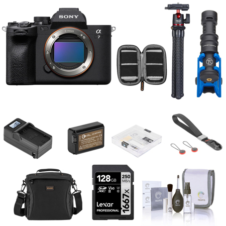 Sony Alpha a7 IV Mirrorless Camera, Bundle with 128GB SDXC Memory Card, Bag, Extra Battery, Charger, Strap, Microphone, Tripod, Screen Protector, Memory Card Wallet, Cleaning Kit