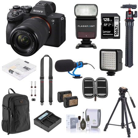 Sony Alpha a7 IV Mirrorless Camera with FE 28-70mm f/3.5-5.6 OSS Lens Bundle with 128GB Card, Backpack, 2x Battery, Smart Charger, Tripod, TTL Flash, Shotgun Microphone, and Accessories