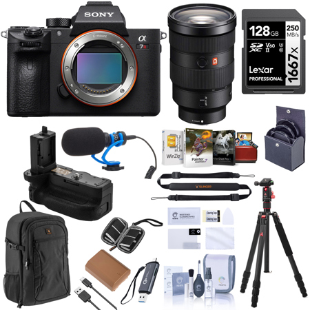 Sony Alpha a7R IV Mirrorless Camera (V2) with FE 24-70mm f/2.8 GM Lens, Bundle with Backpack, 128GB Memory Card, Battery, Charger Base, Charger Plate, Battery Grip, Microphone, Tripod, Software Kit and Filter Kit