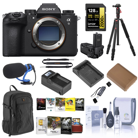 Sony Alpha a9 III Mirrorless Camera, Bundle with Tripod, Microphone, Software Kit, 128GB Memory Card, 2x Battery and Charger