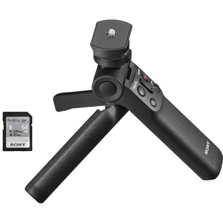 Sony ACCVC1 Vlogger Accessory Kit with Shooting Grip / Tripod and 64GB SF-E Series UHS-II SDXC Memory Card