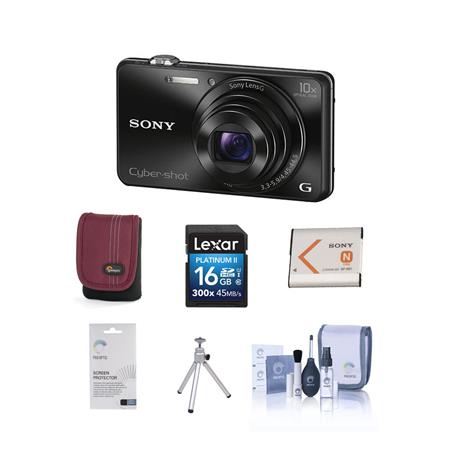 Sony Cyber-shot DSC-WX220 Digital Camera, Black - Bundle with 16GB Class 10  SDHC Card, Camera Case, Spare Battery, Screen Protector, Table Top Tripod, 