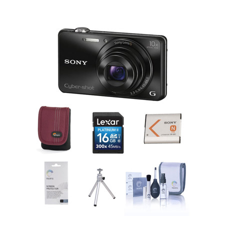 Sony Cyber-shot DSC-WX220 Digital Camera, Black - Bundle with 16GB Class 10  SDHC Card, Camera Case, Spare Battery, Screen Protector, Table Top Tripod, 