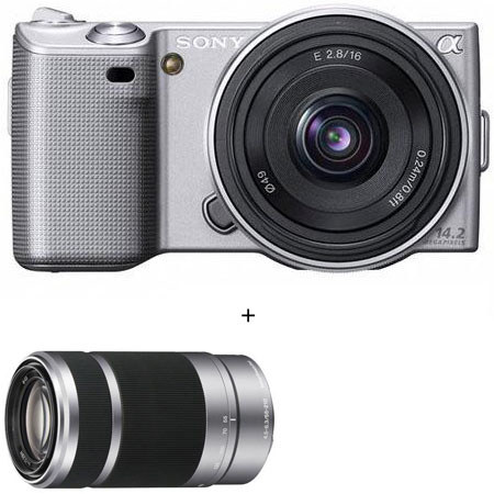 Sony Alpha NEX-5 Camera Silver, with 16mm F2.8 & 55-210