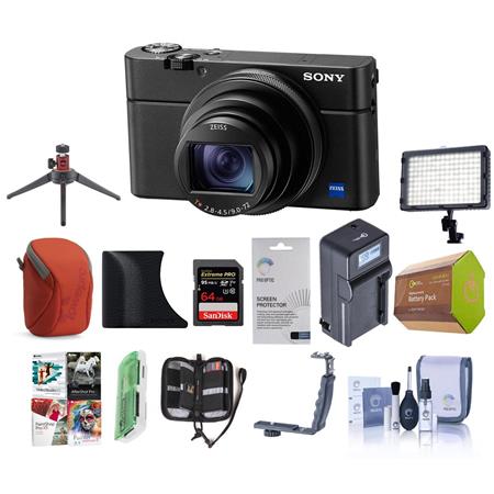 Sony Cyber-shot DSC-RX100 VI Digital Camera, Black - Bundle With 64GB SDHC  U3 Card, Camera Case, Spare Battery, Video Light, Table top Tripod, Compact 