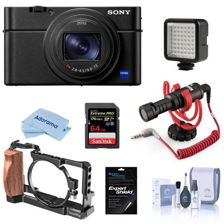 Sony Cyber-shot DSC-RX100 VII Digital Camera - Bundle With RODE VideoMicro Compact On-Camera Microphone, 64GB SDXC Card, MINI LED LIGHT, SmallRig Cage, Screen Protector, Cleaning Kit, Micro Cloth