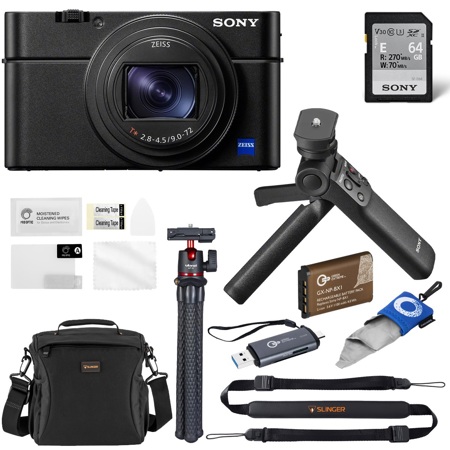 Sony Cyber-shot DSC-RX100 VII Digital Camera, Bundle w/ Sony Vlogger Accessory Kit, 64GB UHS-II SD Card, Extra Battery, Shoulder Bag, Tripod, Screen Protector, Sling Strap, Card Reader, Cleaning Cloth