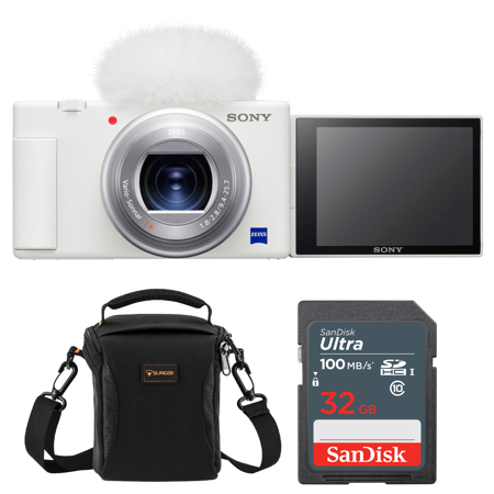 Sony ZV-1 Compact 4K HD Camera, White, Bundle w/32GB Memory Card & Shoulder Bag