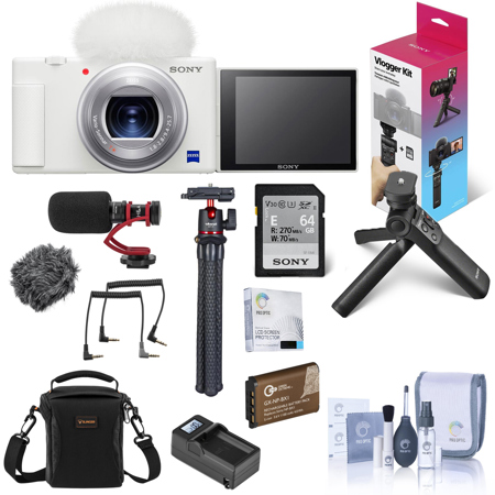Sony ZV-1 Compact 4K HD Digital Camera, White Bundle with Sony Shooting Grip/Tripod, 64GB UHS-II SD Card, Bag, Mic, Flexible Tripod, Extra Battery, Charger and Accessories