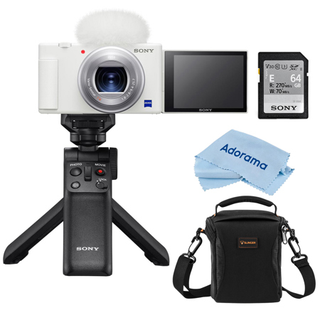 Sony ZV-1 Compact 4K HD Camera, White, Bundle with Shooting Grip/Tripod, 64GB Memory Card and Shoulder Bag