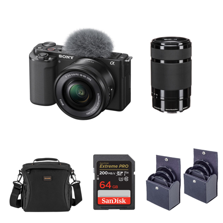 Sony ZV-E10 Mirrorless Camera with 16-50mm & 55-210mm f/4.5-6.3 OSS E-Mount Lens, Black Bundle with 64GB SD Memory Card, Shoulder Bag, 49mm and 40.5mm Filters