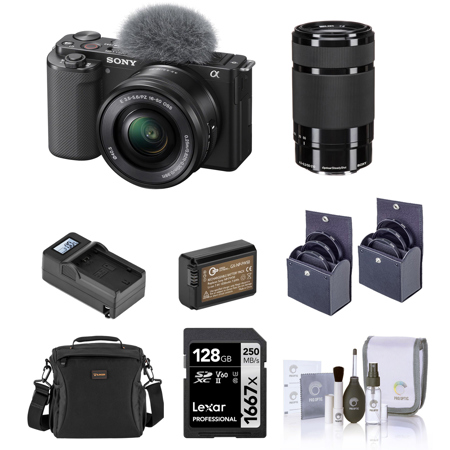 Sony ZV-E10 Mirrorless Camera with 16-50mm & 55-210mm f/4.5-6.3 OSS E-Mount Lens, Black Bundle with 128GB SD Memory Card, Bag, Battery, Charger and Accessories Kit