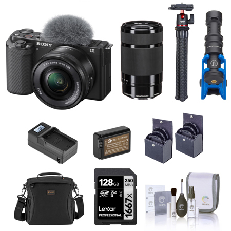 Sony ZV-E10 Mirrorless Camera with 16-50mm & 55-210mm f/4.5-6.3 OSS E-Mount Lens, Black Bundle with Memory Card, Bag, Microphone, Tripod, Battery, Charger and Accessories Kit