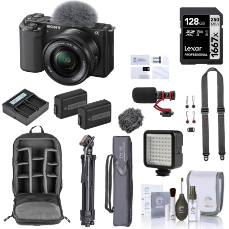 Sony ZV-E10 Mirrorless Camera with 16-50mm Lens, Black Bundle with 128GB SD Card, Backpack, 2 Battery, Charger, Tripod, Strap, Microphone, Screen Protector, Lights, Filter Kit, Cleaning Kit