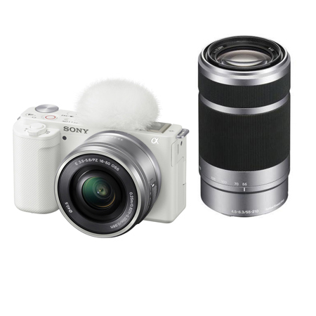 Sony ZV-E10 Mirrorless Camera with 16-50mm & 55-210mm Lens, White/Silver