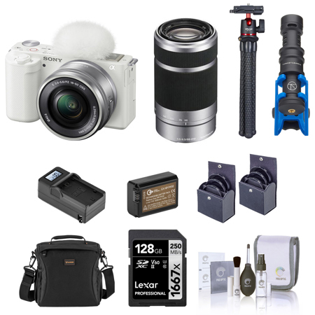 Sony ZV-E10 Mirrorless Camera w/16-50 & 55-210mm Lens, White and Accessory Kit