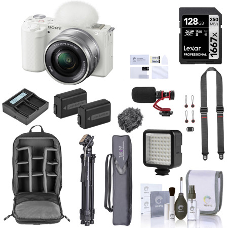 Sony ZV-E10 Mirrorless Camera with 16-50mm Lens, White 128GB SD Card, Backpack, Extra Battery, Charger, Tripod,  Strap, Microphone, Screen Protector, LED Light, Filter Kit, Cleaning Kit