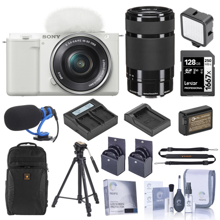 Sony ZV-E10 Mirrorless Camera, White with 16-50mm & 55-210mm Lens, Bundle with Battery, Video Tripod, Shotgun Microphone, 49mm & 40.5mm Filter Kit