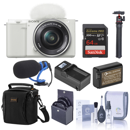 Sony ZV-E10 Mirrorless Camera, White with 16-50mm Lens, Bundle with Battery, 64GB Memory Card, Shotgun Microphone, Octopus Tripod and 40.5mm Filter Kit