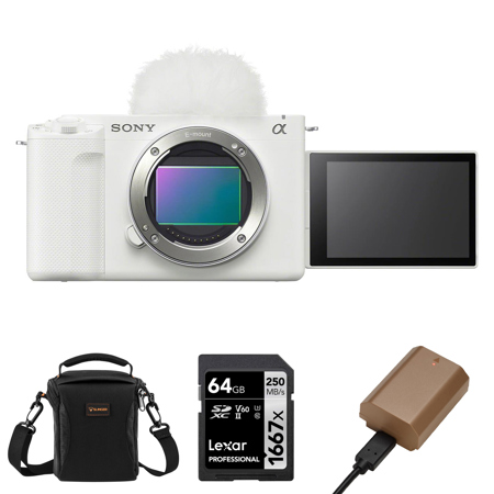 Sony ZV-E1 Mirrorless Camera, White, Bundle with NP-FZ100 Battery, 64GB Memory Card and Shoulder Bag