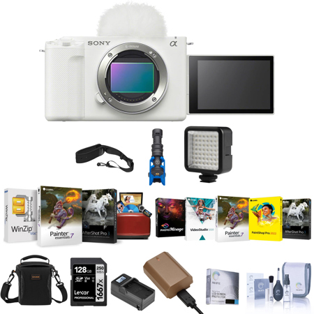 Sony ZV-E1 Mirrorless Camera, White, Bundle with NP-FZ100 Battery, 128GB Memory Card and Shotgun Microphone