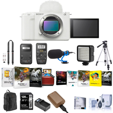 Sony ZV-E1 Mirrorless Camera, White, Bundle with NP-FZ100 Battery, 128GB Memory Card, Tripod and Backpack