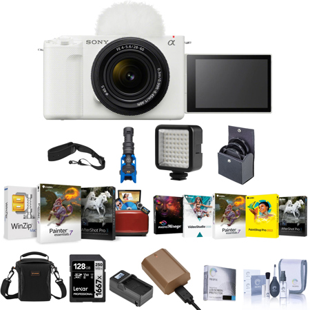 Sony ZV-E1 Mirrorless Camera, White with FE 28-60mm f/4-5.6 Lens, Bundle with NP-FZ100 Battery, 128GB Memory Card and Shotgun Microphone