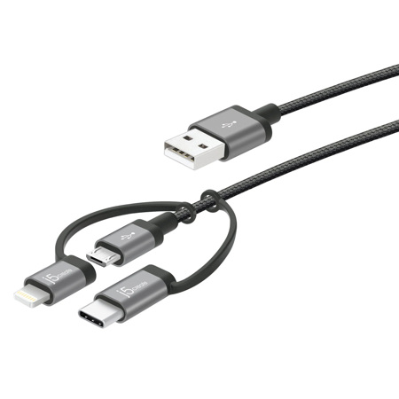 J5 Create JMLC11 3.3' Apple MFi Certified Lightning + USB-C + Micro-USB 3-in-1 Charging Sync Cable, Space Gray