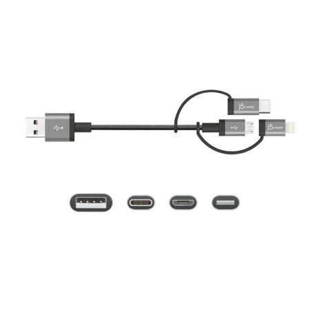 J5 Create JMLC11 3.3' Lightning+USB-C+Micro-USB Charging Sync Cable, Space Gray