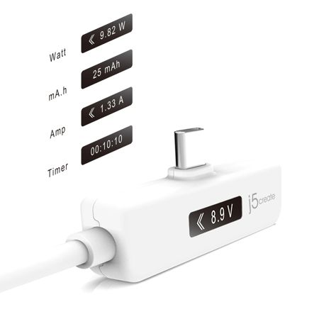 J5 Create JUCP15 4' 100W USB-C 2.0 to USB-C Right Angle Cable, OLED Power Meter