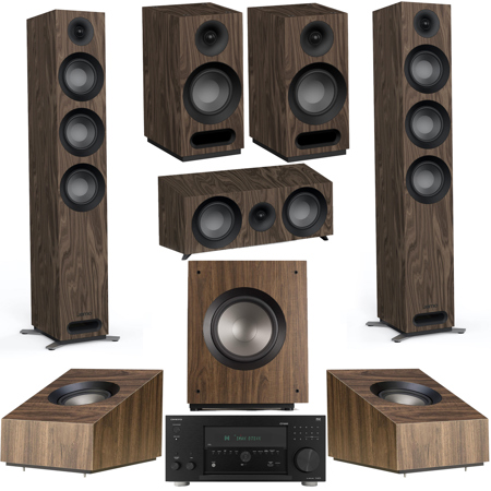 Jamo S 809 7.1 Home Theater System, Walnut with 2x S 809 5" Floorstanding Speakers, 2x S 803 Bookshelf Speakers, S 81 Center Speaker, 2x S 8 ATM 4" Surround Speaker, S 810 10" Subwoofer and TX-RZ70 11.2-Channel AV Receiver