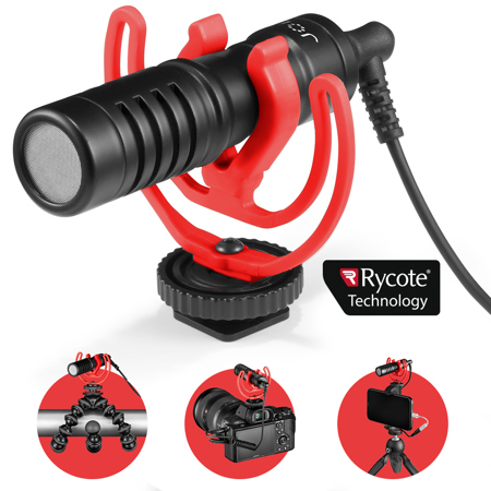 JOBY Wavo Mobile Cardioid Portable On-Camera Microphone, Black/Red