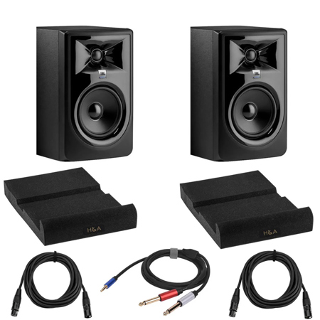 JBL 2 Pack 306P MkII Powered 6.5-Inch Two-Way Studio Monitor (Black) Bundle with 2 Pack Isolation Pad, 2 Pack XLR M to XLR F Microphone Cable 15-Foot, Y Splitter Cable 10-Foot