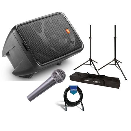 JBL EON208P Personal PA System, Includes 2x 8" JBL 2-way Speakers and 8-Channel Mixer Bundle With Ultimate JamStands JS-TS50 Speaker Stand 6' Pair, 20' XLR Mic Cable, Behringer XM8500 Cardioid Mic